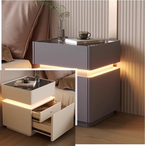 Тумба з екошкіри XXF02 з LED підсвічуванням, сейфом, бездротова зарядка, Bluetooth-аудіо Біла 40х40х51