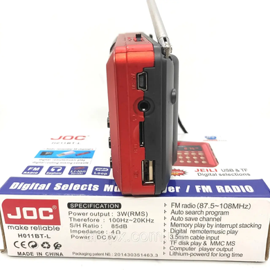 Портативне радіо з акумулятором, Bluetooth, TF/USB, FM, JOC-H011BT-L, Червоний
