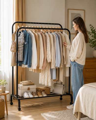Подвійна стійка для одягу та взуття Loft Rack сталева на коліщатках ЧОРНИЙ / Вішалка подвійна розкладна зі стопорами та полицями для взуття 150х110х57 см