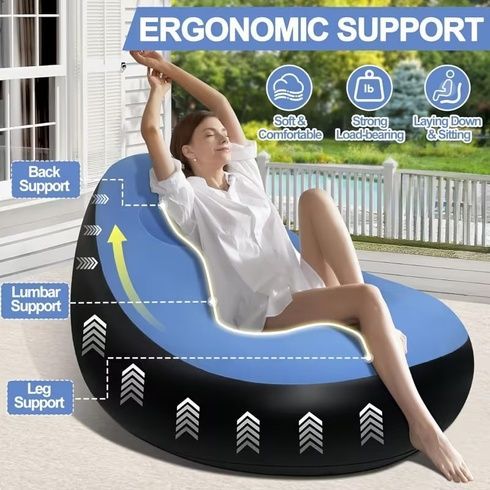 Надувной диван с пуфом Air Sofa / Надувное велюровое кресло с пуфиком +насос Голубой