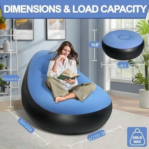 Надувной диван с пуфом Air Sofa / Надувное велюровое кресло с пуфиком +насос Голубой