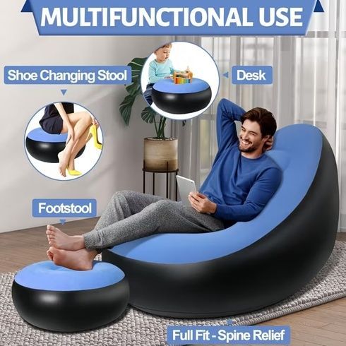 Надувной диван с пуфом Air Sofa / Надувное велюровое кресло с пуфиком +насос Голубой