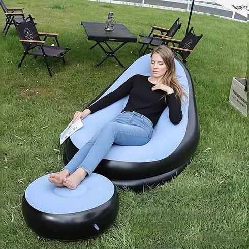 Надувной диван с пуфом Air Sofa / Надувное велюровое кресло с пуфиком +насос Голубой
