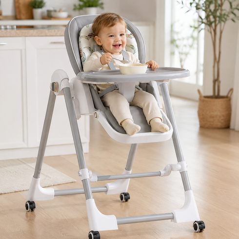 Стульчик для кормления BabyChair с регулируемой спинкой и столиком, шезлонг, колеса, складной X-715 / Стульчик-шезлонг для кормления / Детское кресло с регулируемой спинкой и столиком