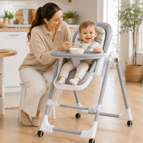 Стульчик для кормления BabyChair с регулируемой спинкой и столиком, шезлонг, колеса, складной X-715 / Стульчик-шезлонг для кормления / Детское кресло с регулируемой спинкой и столиком