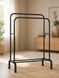 Подвійна стійка для одягу та взуття Loft Rack сталева на коліщатках ЧОРНИЙ / Вішалка подвійна розкладна зі стопорами та полицями для взуття 150х110х57 см
