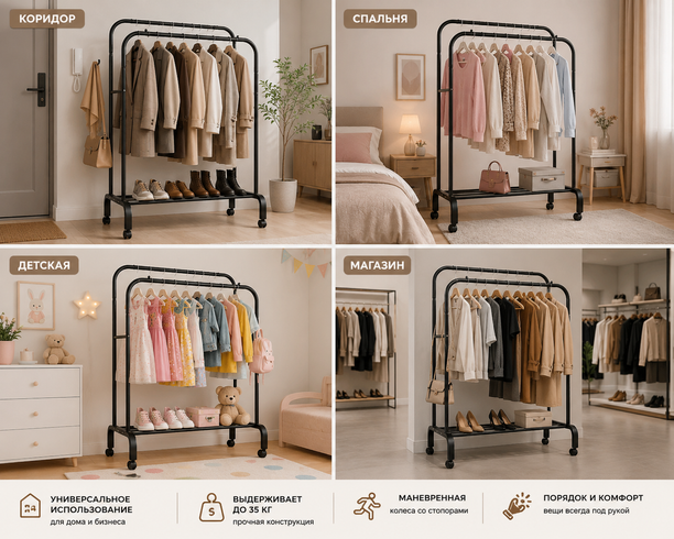 Подвійна стійка для одягу та взуття Loft Rack сталева на коліщатках ЧОРНИЙ / Вішалка подвійна розкладна зі стопорами та полицями для взуття 150х110х57 см