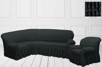 Чехол, накидка на угловой диван с креслом, комплект чехлов на угловой диван и кресло с оборкой Турция Антрацит