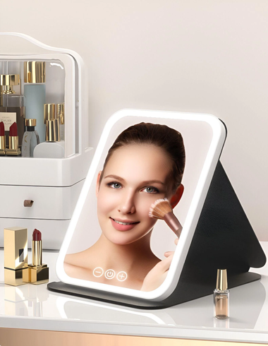 Дзеркало для макіяжу Lighted makeup mirror з LED підсвічуванням, складне, сенсорне керування, Type-C, з регулюванням яскравості