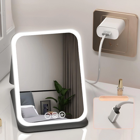 Дзеркало для макіяжу Lighted makeup mirror з LED підсвічуванням, складне, сенсорне керування, Type-C, з регулюванням яскравості