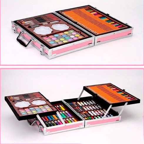 Набір художній для творчості малювання в алюмінієвій валізі Єдиноріг 145 предметів з фарбами, фломастерами та олівцями, Рожевий