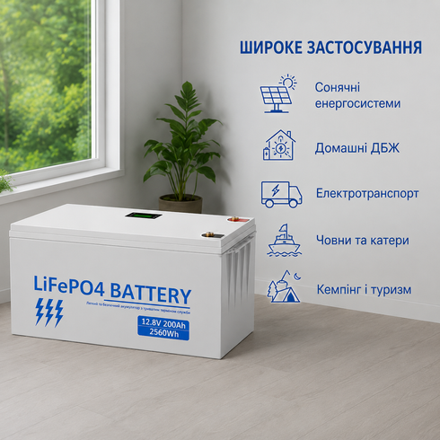 Акумулятор BATTERY liFePo 12.8V 200Ah 2560Wh для дому, квартири, ДБЖ та сонячних електростанцій