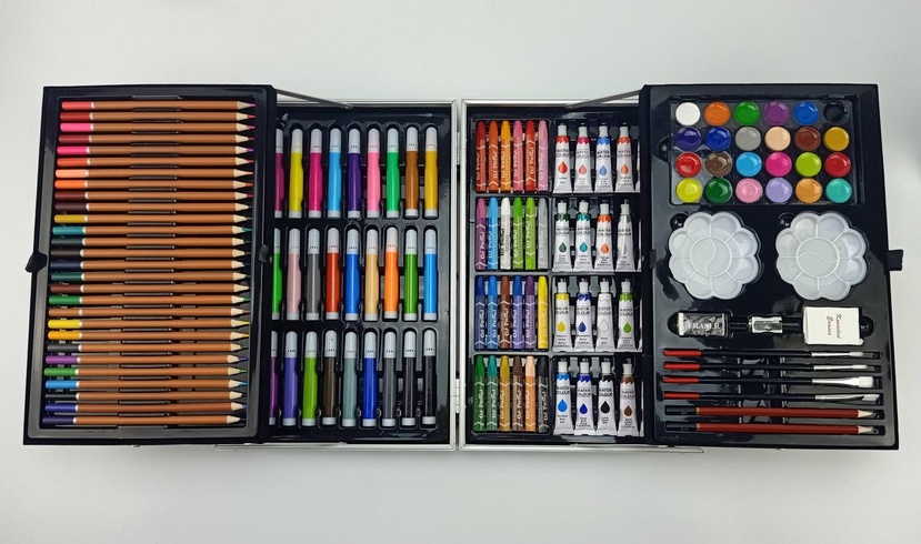 Набор художественный для творчества рисования в алюминиевом чемодане Единорог 145 предметов с красками, фломастерами и карандашами