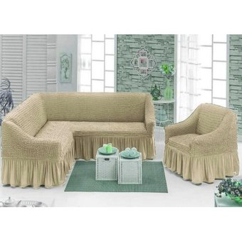 Чехол, накидка на угловой диван с креслом, комплект чехлов на угловой диван и кресло с оборкой Турция Песочный