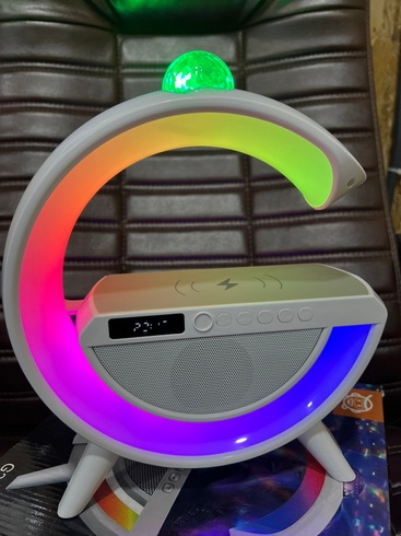 Умный светильник колонка с будильником и диско шаром/ Ночник c беспроводной зарядкой для телефона/Bluetooth-колонка, Белый