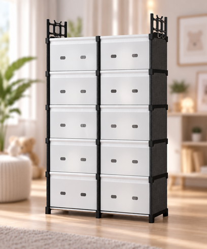 Комод дитячий пластиковий WFB006S 81x29x170 см / Широка збірна шафа-органайзер на 10 шухляд з верхньою полицею / Шафа-стелаж