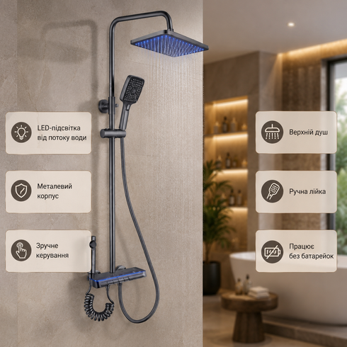 Душ/смеситель Faucet CR-25HT007 многофункциональный с LED ГИДРОЭНЕРГЕТИКОЙ металл / Многофункциональная душевая система для ванной / Душевая система настенная с верхним, ручным и гигиеническим душем