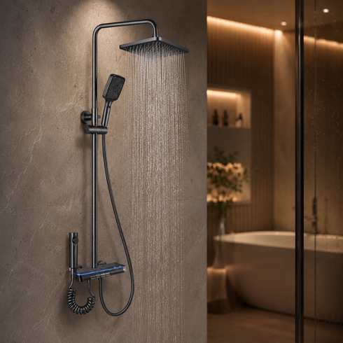 Душ/смеситель Faucet CR-25HT007 многофункциональный с LED ГИДРОЭНЕРГЕТИКОЙ металл / Многофункциональная душевая система для ванной / Душевая система настенная с верхним, ручным и гигиеническим душем