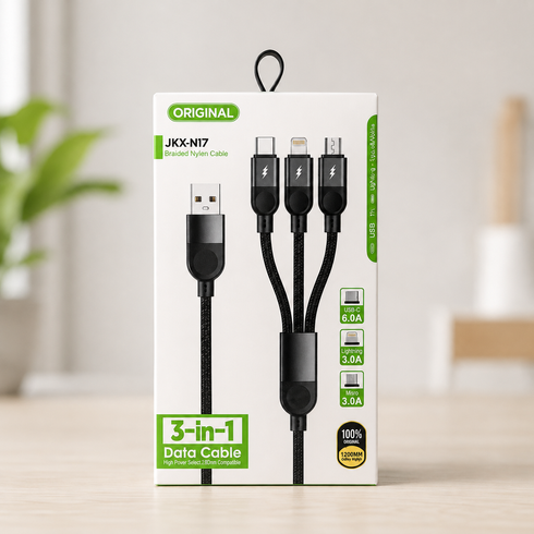 Кабель 3 в 1 для заряджання USB з роз'ємами Type-C, Lightning та Micro USB / Кабель швидка зарядка до 6A 26X-202