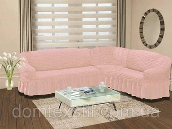 Чохол на кутовий диван з оборкою, накидка на диван Рожевий