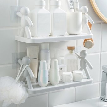 Творческая ванная комната Полка для хранения Симпатичная белая кукла Злодей Полка Самоклеящийся ванная комната Стойки для хранения косметики, Белый