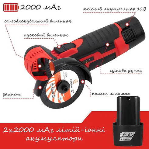 Акумуляторна міні болгарка в кейсі 2АКБ +5 дисків RED