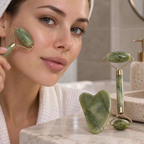 Массажный набор из натурального камня JADE ROLLER SET / Роллеры и скребок Гуаша Anti-Aging