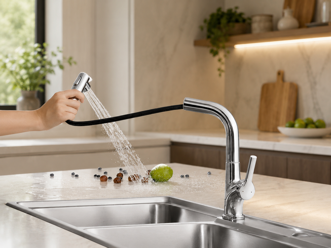 Кран/смеситель Faucet CR-8428 многофункциональный металл / Смеситель кухонный с выдвижной воронкой, хром / Выдвижной кухонный смеситель из нержавеющей стали