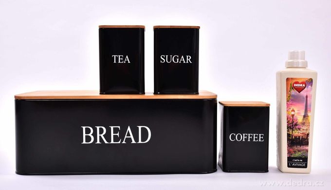 Набір кухонний 4 шт. Хлібниця та металеві контейнери Чай, Кава, Цукор чорний, Черный