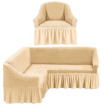 Чехол, накидка на угловой диван с креслом, комплект чехлов на угловой диван и кресло с оборкой Турция Бежевый