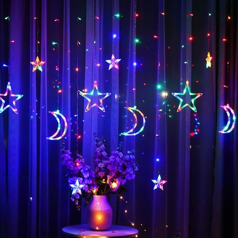 Светодиодная новогодняя гирлянда штора Луна и Звезды с пультом 12 предметов Белый