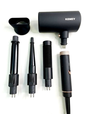 Фен для волос Kemei KM-9203 4 насадки (концентратор, расческа для выравнивания волос, насадка для локонов, конусная насадка) , Черный