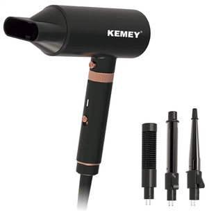 Фен для волосся Kemei KM-9203 4 насадки (концентратор, гребінець для вирівнювання волосся, насадка для локонів, конусна насадка), Черный