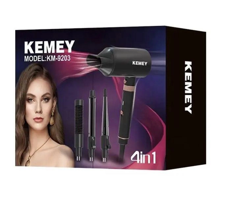 Фен для волос Kemei KM-9203 4 насадки (концентратор, расческа для выравнивания волос, насадка для локонов, конусная насадка) , Черный