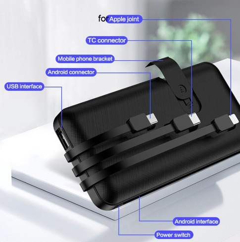 Павербанк 30000 mAh вбудовані кабелі USB, micro USB, Type-C, Lightning з підставкою для телефону, Портативна батарея Powerbank