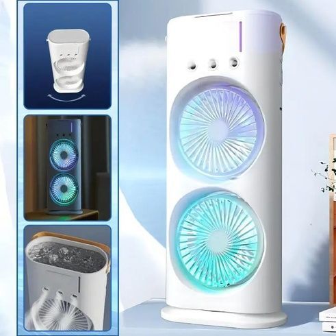 Вентилятор настільний подвійний з охолодженням Double-ended Spray Fan LED-підсвічування 3 швидкості, розпилювач водяного туману