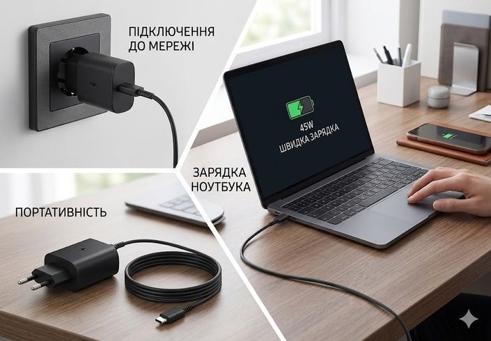 Адаптер USB с кабелем USB-TYPE C 45W Black Edition / Сетевой адаптер USB с кабелем / Зарядное устройство