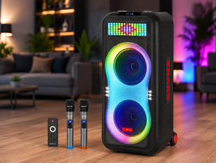 Портативная акустика ZXX-1510 / Караоке колонка 100Вт / Переносная акустическая колонка с LED подсветкой + 2 микрофона / Двойная 10-дюймовая акустическая переносная колонка