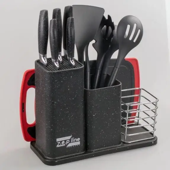 Набор кухонных ножей и принадлежностей ZP-045 на подставке с доской (14 предметов) черный, Черный