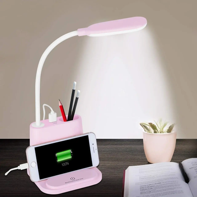 Аккумуляторная Настольная LED лампа Bionic Desk Lamp c USB выходом, органайзером и подставкой для смартфона , Розовый