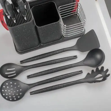 Набір кухонних ножів та приладдя ZP-045 на підставці з дошкою (14 предметів) чорний, Черный