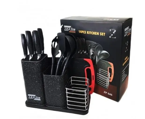 Набір кухонних ножів та приладдя ZP-045 на підставці з дошкою (14 предметів) чорний, Черный
