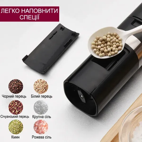 Набір млинів для спецій, перцю, солі / Електромлин від USB з підсвіткою та підставкою