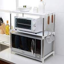 Полиця органайзер для мікрохвильової печі Wellamart кухонний стелаж розсувний з гачками на три полиці для НВЧ печі