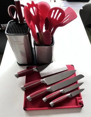 Набор ножей и кухонная утварь лопатки для кухни 17 в 1 дошечка для нарезки на тройной подставке, ножницы с напильником для заточки Zepline ZP-046, Красный