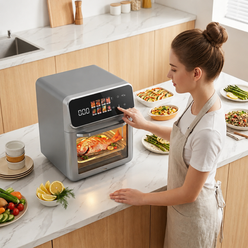 Сіра Електрична мультипіч Top Kitchen TK-00244 12л / Аерогриль з сенсорним керуванням 2400 Вт 10 програм