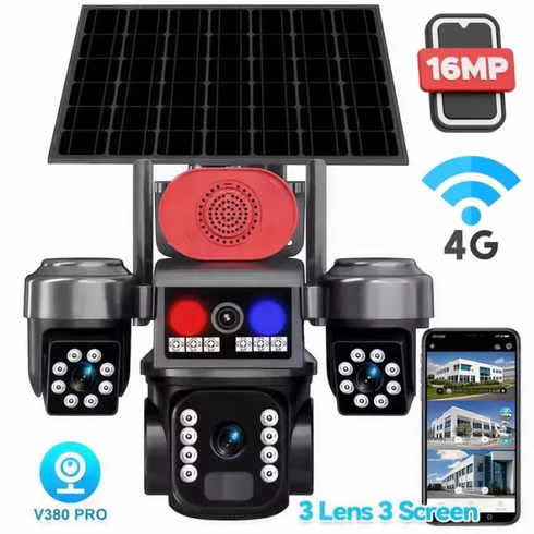 Камера видеонаблюдения 4G 3 объектива HI S9 + солнечная панель 16 МП / Камера с сигнализацией, двухсторонним аудио и поддержккой HIEASY