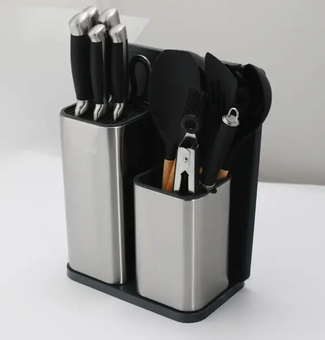 Набор ножей черный и кухонная утварь лопатки для кухни 17 в 1 дошечка для нарезки на тройной подставке, ножницы с напильником для заточки Zepline ZP-046 , Черный
