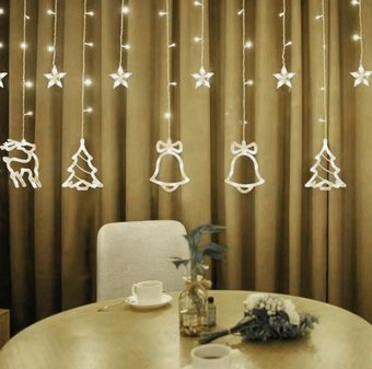 Світлодіодна новорічна гірлянда штора Ялинка Олень Дзвіночок з пультом 12 предметів, Білий