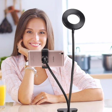 Набір блогера Professional Live Stream Кільцева світлодіодна LED лампа &ndash; кільце з гнучким тримачем телефону ∙ Тепле/холодне світло ∙ USB підключення, Черный